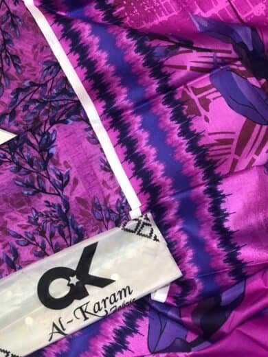 Eid Branded Lawn 3 Piece featuring colorful purple and pink design, perfect for festive celebrations.