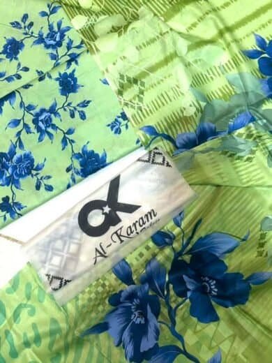 Eid branded lawn 3 piece with floral design in green and blue shades. Perfect for festive celebratio.