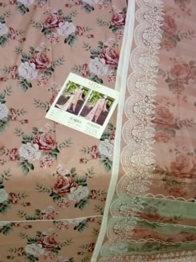 Beautiful floral MTJ lawn 3 piece outfit with intricate lace detailing, perfect for summer occasions.