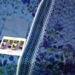 Elegant blue floral lawn fabric for stylish summer wear.