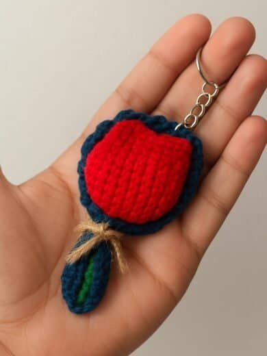 Handmade knitted apple keychain with leaf detail, perfect for accessories and gift ideas.