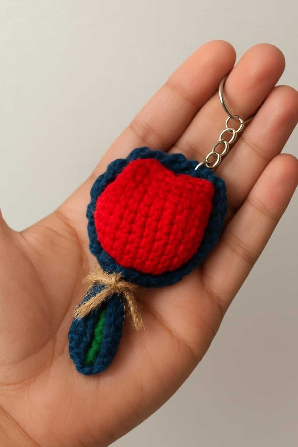 Handmade knitted apple keychain with leaf detail, perfect for accessories and gift ideas.