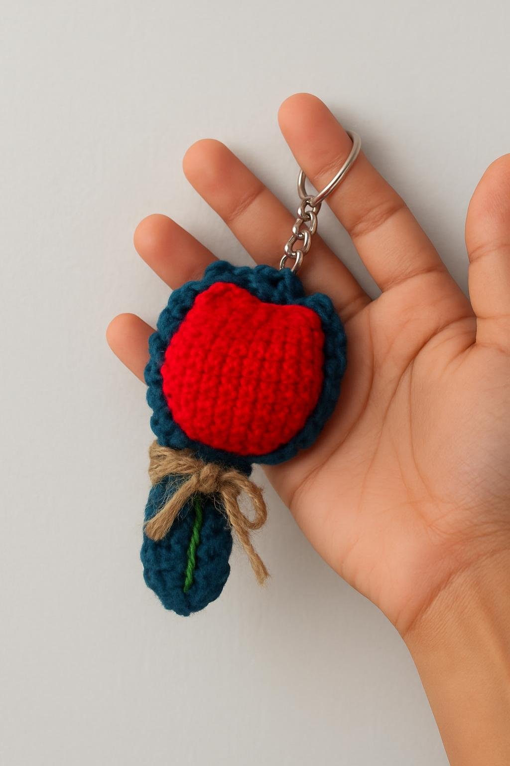 Keychain with red and blue crochet design, handmade accessory.