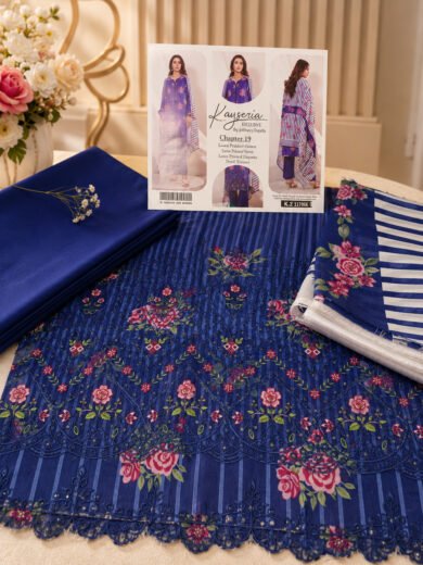 Royal Blue Floral Embroidered Lawn Suit