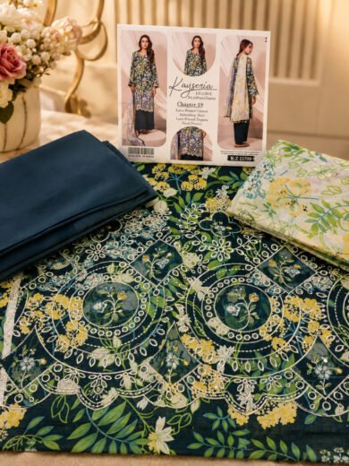 Deep Teal Botanical Embroidered Lawn Suit