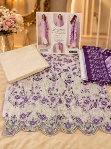 Ivory and Purple Embroidered Lawn Suit