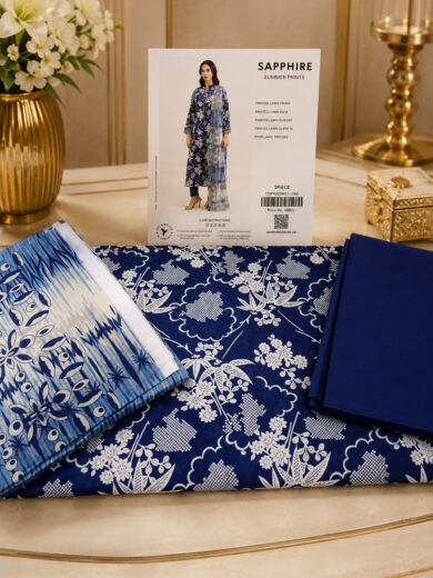 Navy Blue and White Floral Lawn 3-Piece Suit