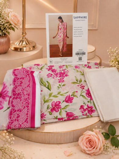 White and Fuchsia Floral Lawn 3-Piece Suit