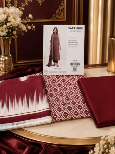 Maroon Geometric Printed Lawn 3-Piece Suit